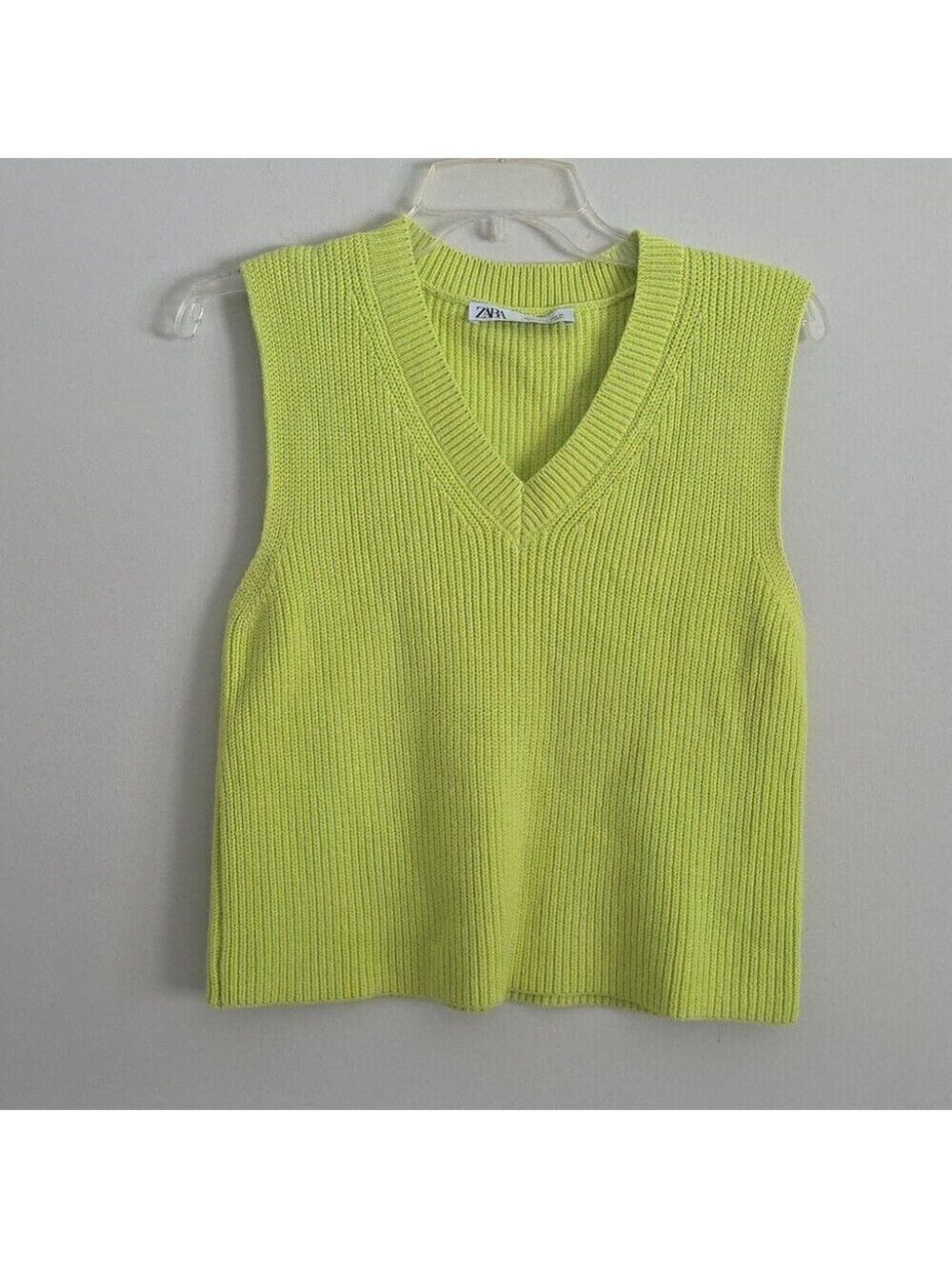 ZARA | V-neck Sweater Vest Ribbed Lime Green Cotton Sz S - Picture 2 of 6
